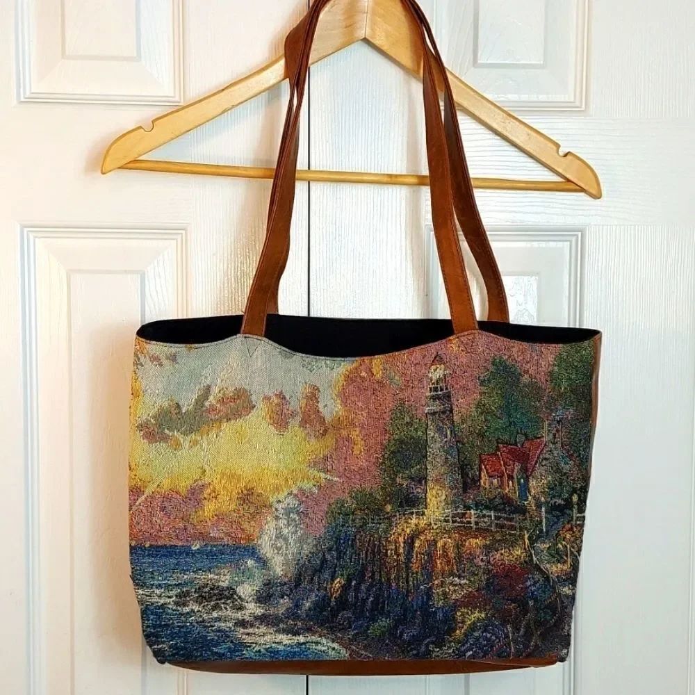 Thomas Kinkade Needlepoint Canvas "Light Of Peace" Lighthouse Tote
